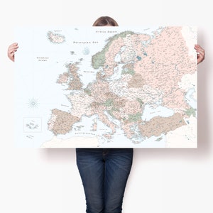 Retro Europa Poster - Detaillierte Karte von Europa Kontinent mit Ländern - Europa Reisekarte mit Pins - Europa Print Wandkunst - Reisekarte