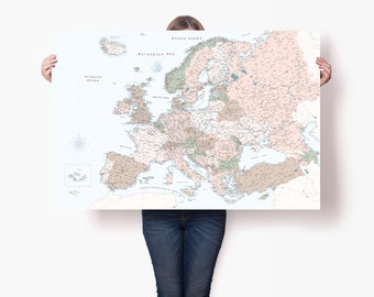 Retro Europe Poster - Detailed Map of Europe Continent with Countries - Europe Travel Map with Pins - Europe Print Wall Art - Trip Map