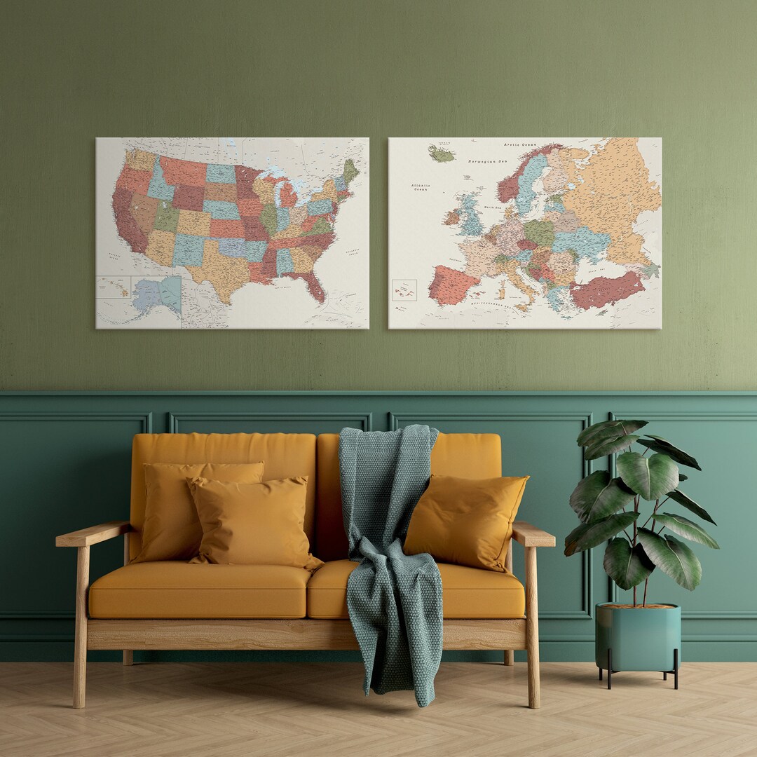 Push Pin USA & Europe Map Set, Detailed Canvas Wall Art Travel Tracker ...