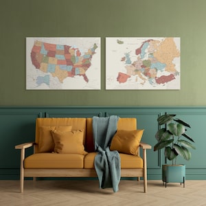 Juego de mapas de EE. UU. y Europa con chinchetas, lienzo detallado para pared, rastreador de viajes, tablero personalizado con los lugares que ha visitado para marcar los lugares visitados