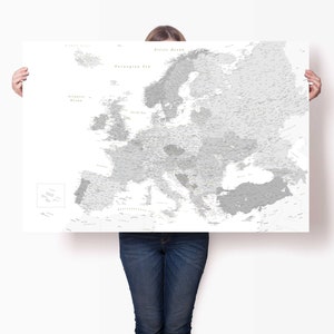 Groß Grau Europa Karte Leinwand Druck - Hochdetaillierte Genaue Europa Karte Atlas - Riesige Europa Karte Kunst - Personalisierte Landkarte für DIY Pin Karte