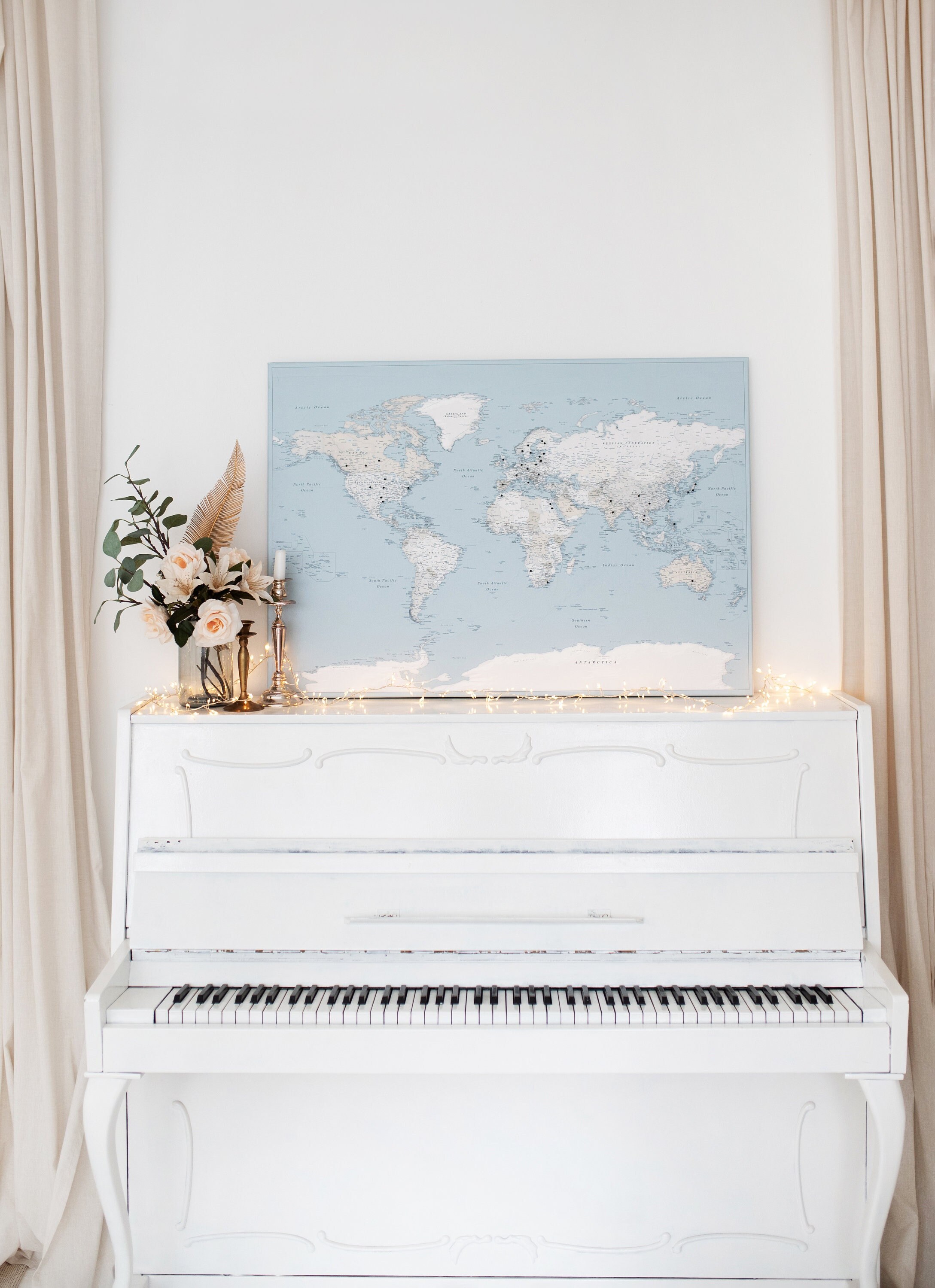 Push Pin World Map - Detailed Light Blue Canvas Travel Pin Board ...