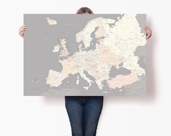 Grey European Travel Poster - Map of Europe Continent with Countries - Detailed Europe Wall Art - Large Europe Print with Pins - Trip Map