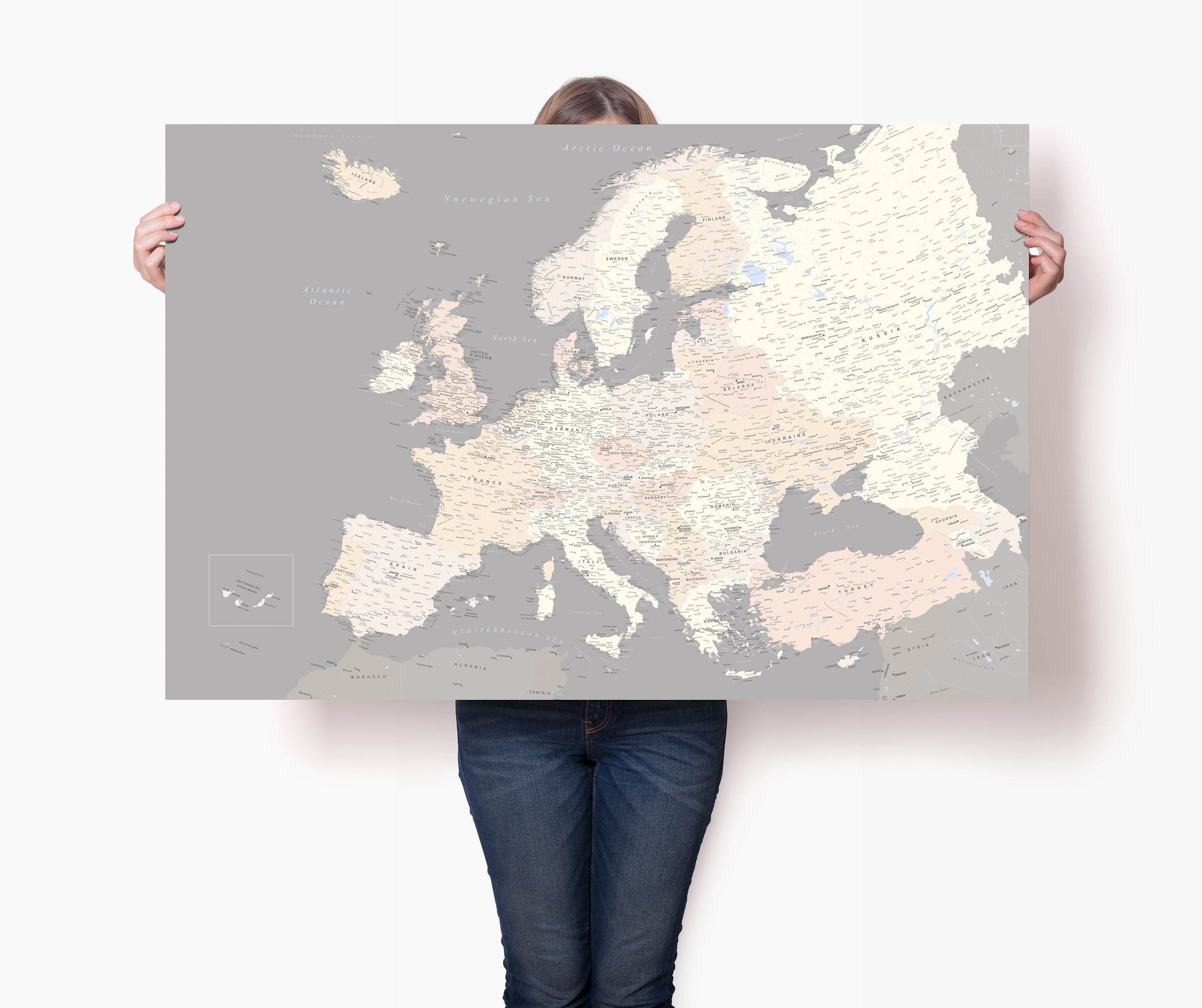 Grey European Travel Poster - Map of Europe Continent with Countries - Detailed Europe Wall Art - Large Europe Print with Pins - Trip Map