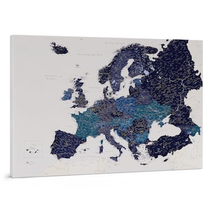 Mappa dettagliata dell'Europa con puntine da disegno - Bacheca da viaggio in tela blu navy - Grande mappa da parete dell'Europa - Mappa di viaggio personalizzata con puntine per contrassegnare i viaggi