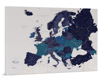Detailed Push Pin Europe Map -  Navy Blue Canvas Travel Pin Board - Large Europe Wall Map - Custom Travel Map with Pins to Mark Travels