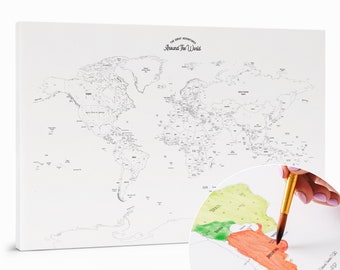 DIY aquarel wereldkaart, overschilderbare reiskaart push pins, kleurplaten plaatsen waar ik geweest ben canvas, kleur in bezochte landen, blanco kaart prikbord