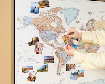 Framed Push Pin World Map to Mark Places You've Been: Personalized Travel Tracker, 100 Pins, Large Canvas Sizes, Detailed Locations Pinning