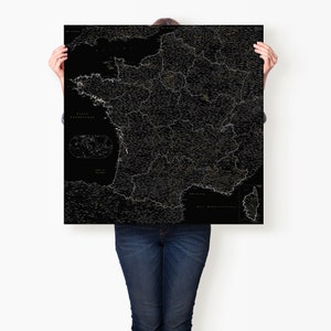 Affiche carte de France avec les départements, Poster géographique France murale, Carte de france détaillée avec villes, Toile carte
