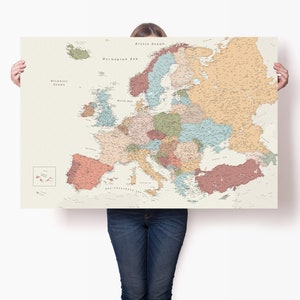 Continentkaart Europa met landen en hoofdsteden - Reiskaart Europa met spelden - Grote Europese reisposters - Kunst aan de muur Europa - Reiskaart