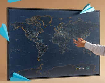 1440 Airports World Map with IATA Codes: Push Pin Major Airports Canvas, Personalized Aviation Wall Decor, Pinboard to Mark Visited Airports