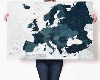 Large Europe Map Poster Teal Blue, Current Detailed Map of Europe Print Decor, Geographic European Travel Wall Art, Personalized Gift Idea