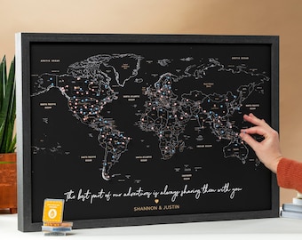 2 Year Anniversary Gifts for Him, Personalized Cotton Wedding Gift for Her, Push Pin World Map to Mark Places Visited, Framed Travel Tracker