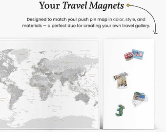 Detailed Push Pin World Map Canvas, Personalized Travel Wall Art