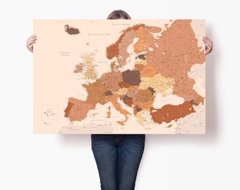 Detailed Europe Trip Map - Political Map Poster of Europe Continent - Large Europe Travel Map with Pins - Personalized European Travel Print