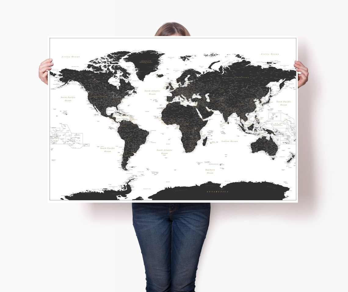 Large Black and White World Map Poster Detailed Accurate - Etsy