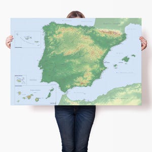 Grande carte du Portugal et de l'Espagne avec les villes, décoration murale de voyage personnalisée avec épingles, carte physique de la péninsule ibérique, cadeau pour les amateurs de voyage