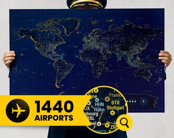 1,440 Airports World Map Poster: Personalized Aviation Wall Art Print with Airport Codes, Unique New Pilot Gift, Gift for Airplane Lovers