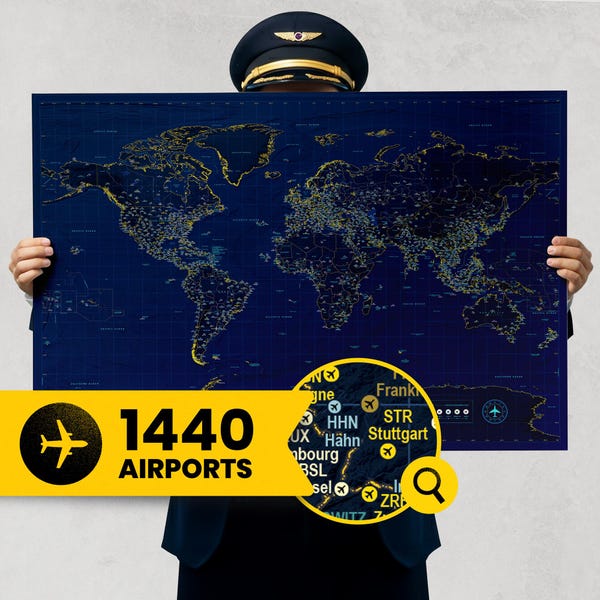 1,440 Airports World Map Poster: Personalized Aviation Wall Art Print with Airport Codes, Unique New Pilot Gift, Gift for Airplane Lovers