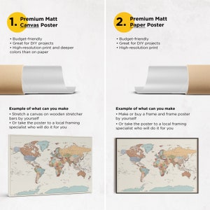 Large rolled map poster in two options: poster on paper and poster on canvas. Map prints are for travel living room decor. Both options are perfect to frame and come with push pins. Great option for DIY push pin map.