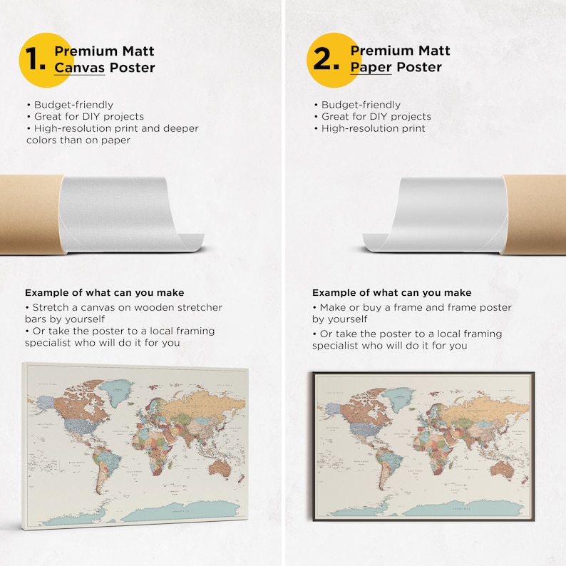 Large rolled map poster in two options: poster on paper and poster on canvas. Map prints are for travel living room decor. Both options are perfect to frame and come with push pins. Great option for DIY push pin map.