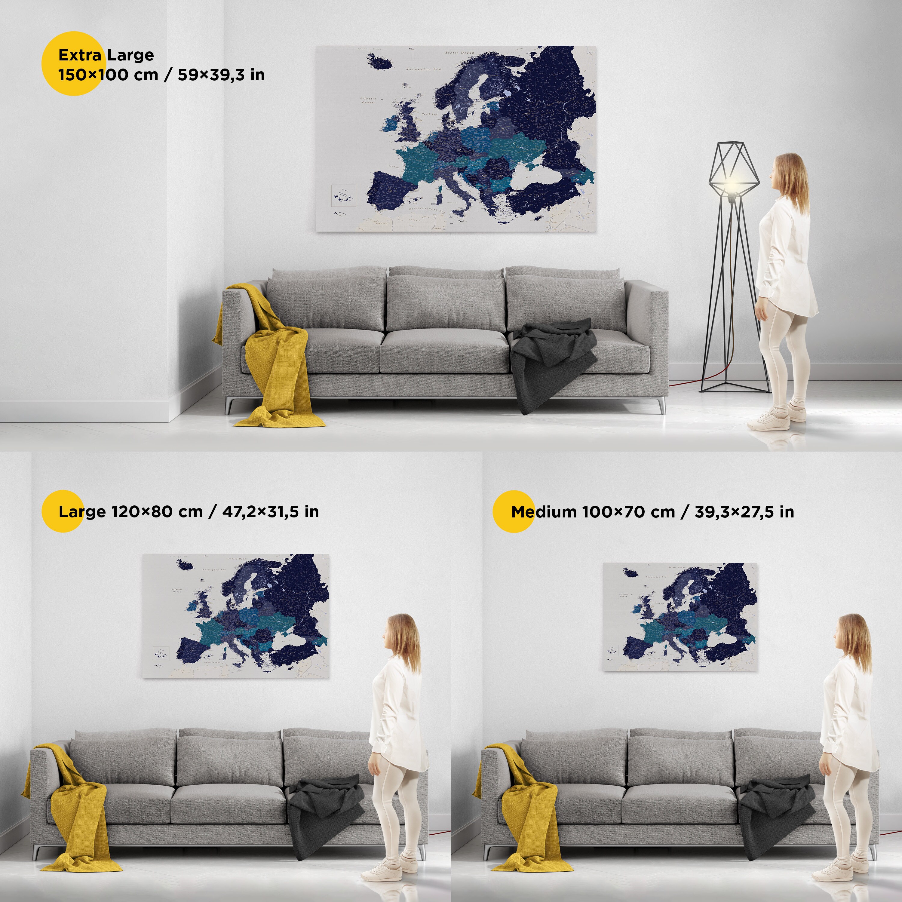 Detailed Push Pin Europe Map - Navy Blue Canvas Travel Pin Board ...