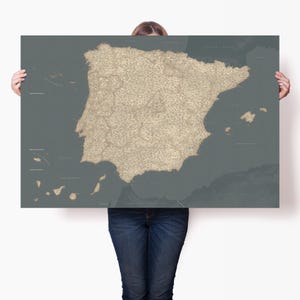 Affiche de carte de l'Espagne et du Portugal, impression détaillée de la péninsule ibérique avec épingles, oeuvre d'art murale de voyage avec villes et régions, cadeau personnalisé sur le thème de l'Espagne
