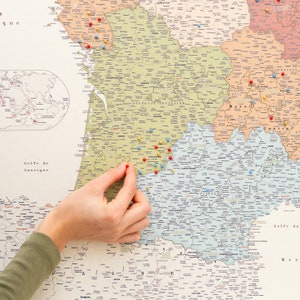 france travel map colorful, personalized france travel map, detailed map of france with cities and town, framed poster france, travel decor ideas, large france map with pins, france wall art, push pin france map to mark places visited