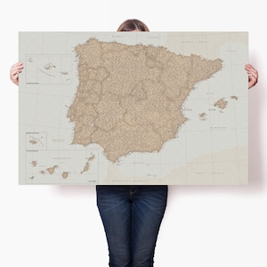 Detailed Portugal & Spain Map with Cities and Regions, Iberian Peninsula Wall Art Decor, Personalized Travel Lovers Gift, Print with Pins