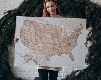 Large Push Pin USA Map Canvas Wall Decor, Detailed Personalized Travel Pinboard with National Parks, Pinnable Places Traveled Bulletin Board