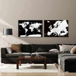 Juego de mapas de Europa y del mundo para fijar con alfileres, en color negro, con lugares que has visitado y que muestran tus viajes, lienzo personalizado y detallado para fijar con alfileres, 100 x 70 cm/39 x 27″