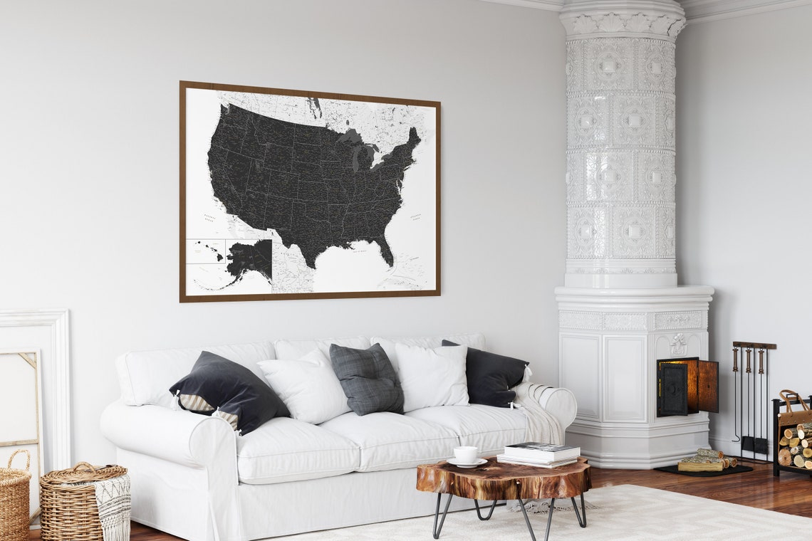 Black and White USA States Map Poster Large Print Map of the Etsy