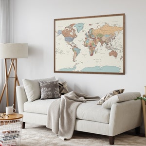 Colorful accurate world map wall art. Large map of the world printed on canvas and paper. Colorful large world map poster for home decor. Big colorful political travel map for the wall. Giant world map poster with pins.