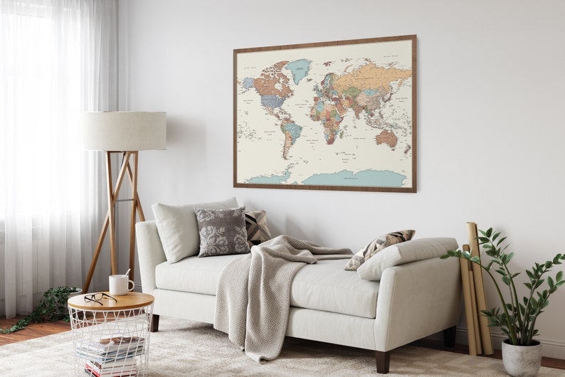 Colorful accurate world map wall art. Large map of the world printed on canvas and paper. Colorful large world map poster for home decor. Big colorful political travel map for the wall. Giant world map poster with pins.