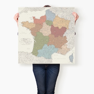 Kleurrijke kaartposter van Frankrijk, gedetailleerde kaart met regio's en steden, grote reismuurdecoratieprint, aanwezige liefhebbers van Frankrijk, francofiel cadeau