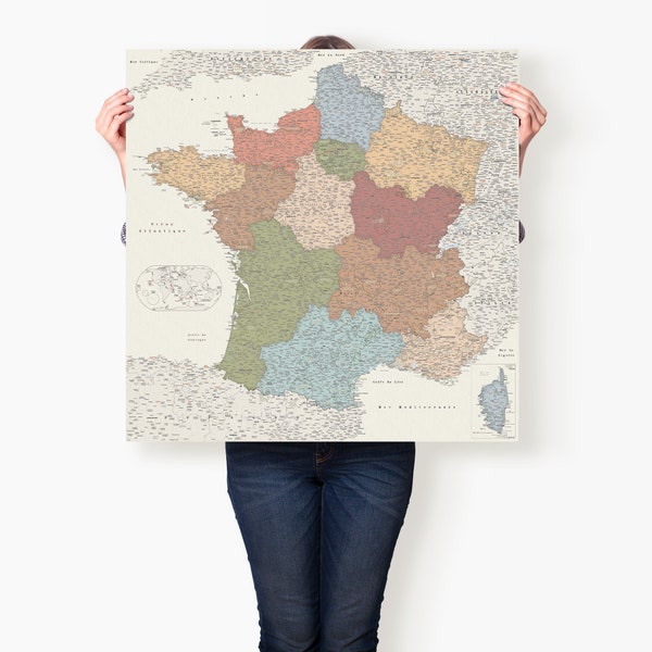 Affiche carte de France à accrocher, Carte murale de la France administrative, avec ses départements, ses régions, Poster géographique
