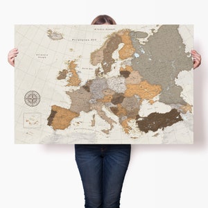 Europa kaart poster kunst aan de muur, geografische Europese reizen print decor, gedetailleerde grote huidige kaart van Europa met steden, gepersonaliseerd cadeau-idee