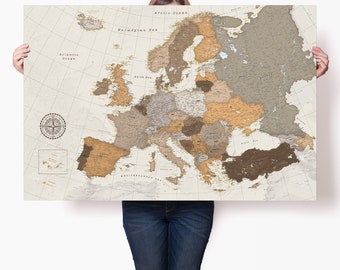Europe Map Poster Wall Art, Geographic European Travel Print Decor, Detailed Large Current Map of Europe with Cities, Personalized Gift Idea