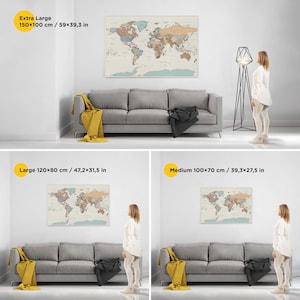 Large world map paper poster. Big world map travel print with cities. Colorful giant political world poster with cities on canvas. Travel wall art decor for office. Large colorful wall decor with travel inspired theme.