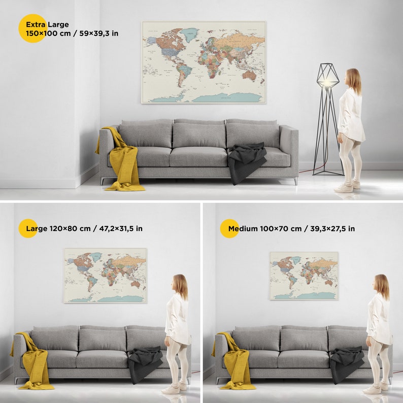 Large world map paper poster. Big world map travel print with cities. Colorful giant political world poster with cities on canvas. Travel wall art decor for office. Large colorful wall decor with travel inspired theme.