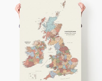 UK Ireland Political Wall Map - High Detailed UK Map Poster - Large Ireland Wall Art Print - Personalized Couples Travel Map - Trip Map