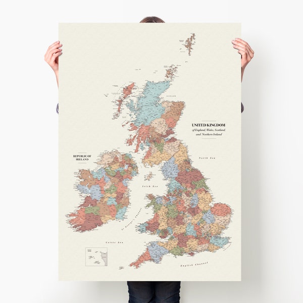 UK Ireland Political Wall Map - High Detailed UK Map Poster - Large Ireland Wall Art Print - Personalized Couples Travel Map - Trip Map