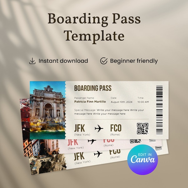 Custom Boarding Pass Template Gift, DIY Printable Fake Plane Ticket Suprise Vacation Reveal, Digital Editable Airplane Card, Save the Date