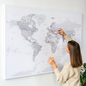 Detailed Push Pin World Map Canvas, Personalized Travel Wall Art to Mark Places You Have Been, Pinnable Family Adventure Tracker with Cities