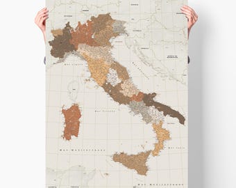 May include: A vintage-style map of Italy with detailed borders of each region. The map is printed on a cream-colored background with brown and orange accents. The map includes the names of each region and major cities.