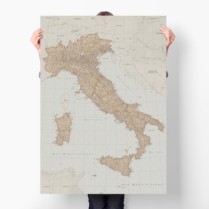 Grande poster con mappa dell'Italia, mappa dettagliata dell'Italia con regioni e città, stampa decorativa da parete per viaggi, regalo per amanti dell'Italia, regalo a tema Italia
