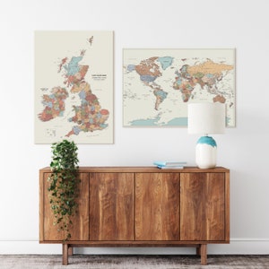 Push Pin UK & World Map Set, Detaillierte personalisierte Orte, an denen Sie gewesen sind Pinnwand zum Markieren von Reisen, Leinwand Wand Kunst Travel Tracker, 100 x 70 cm