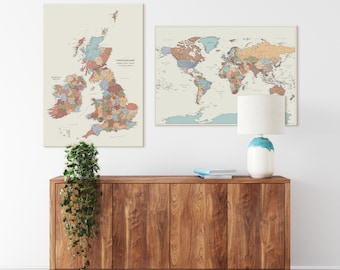 Push Pin UK & World Map Set, Detaillierte personalisierte Orte, an denen Sie gewesen sind Pinnwand zum Markieren von Reisen, Leinwand Wand Kunst Travel Tracker, 100 x 70 cm