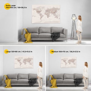 Large pinnable world map.Desert Sand XL size map wall art home decor idea. Giant world map with pins. Huge beige push pin world map on canvas. Weltkarte pinnwand xxl auf leinwand. Trip Map