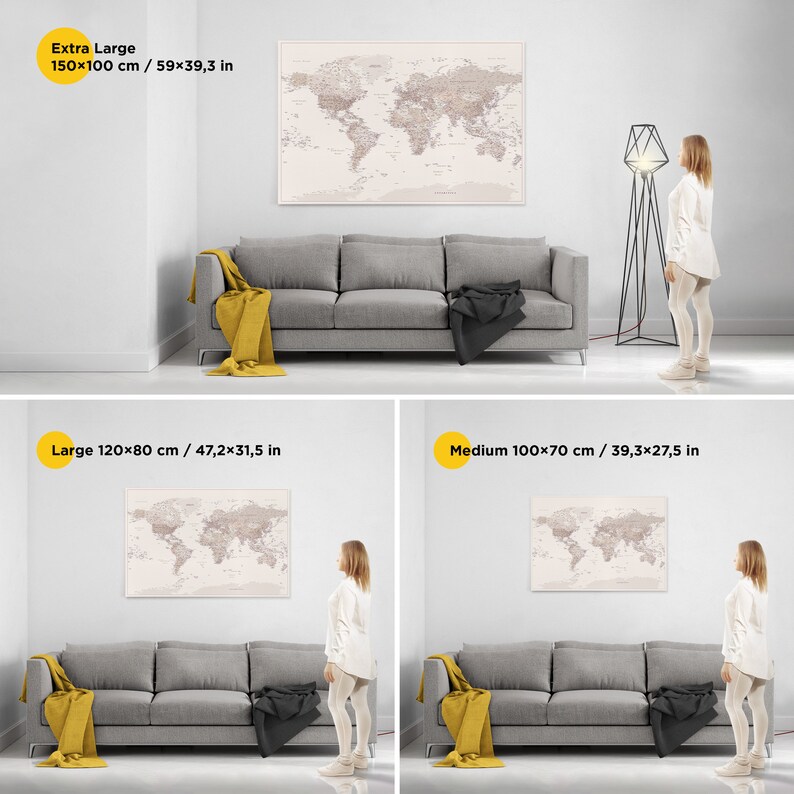 Large pinnable world map.Desert Sand XL size map wall art home decor idea. Giant world map with pins. Huge beige push pin world map on canvas. Weltkarte pinnwand xxl auf leinwand. Trip Map